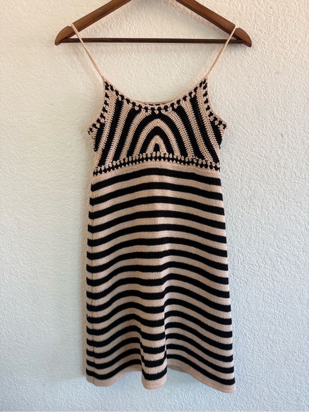 Striped Knit Spaghetti-Strap Mini Dress in Black and Beige